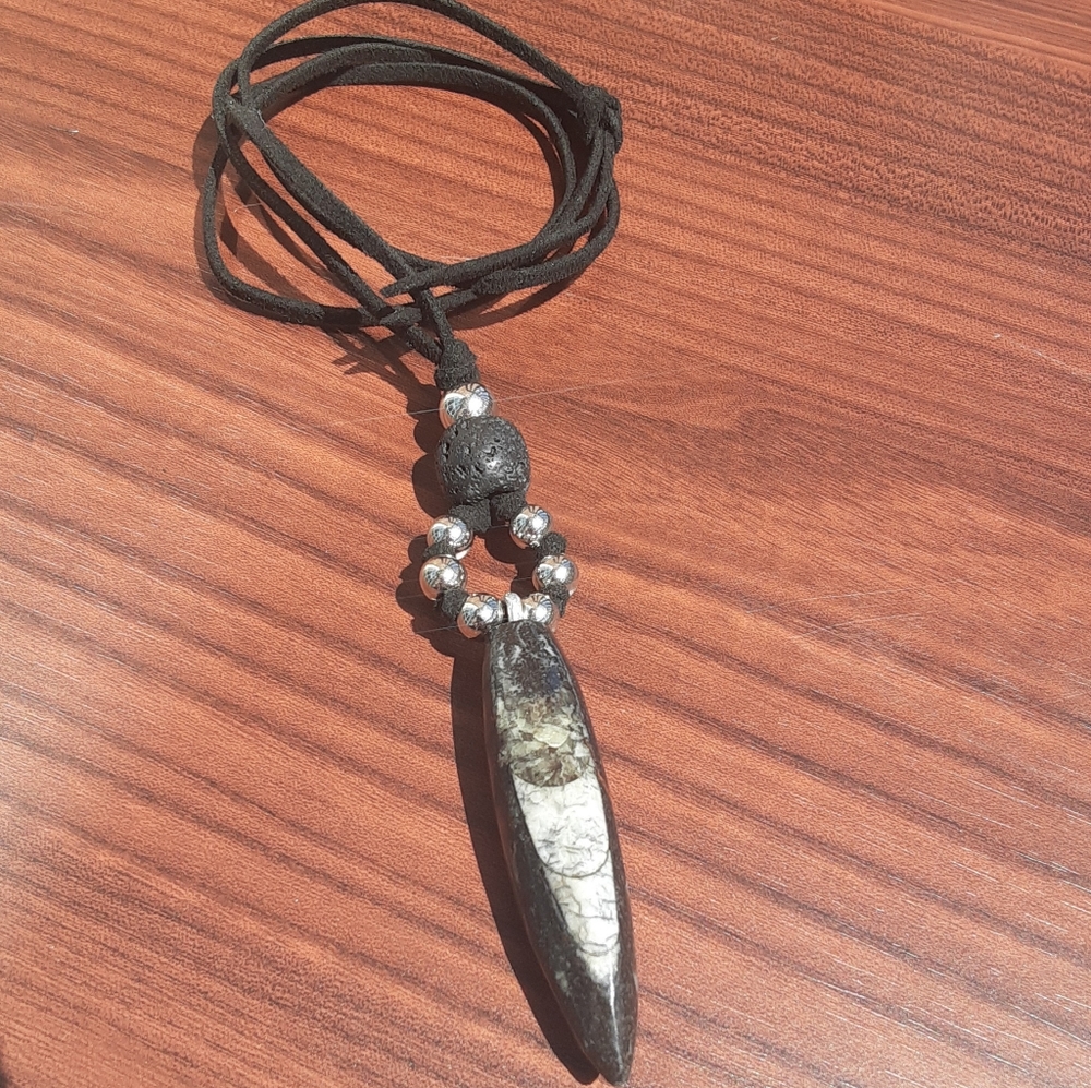 Beautiful Orthoceras Fossil/Genuine Black Leather Cord/ Lava Stone Necklace